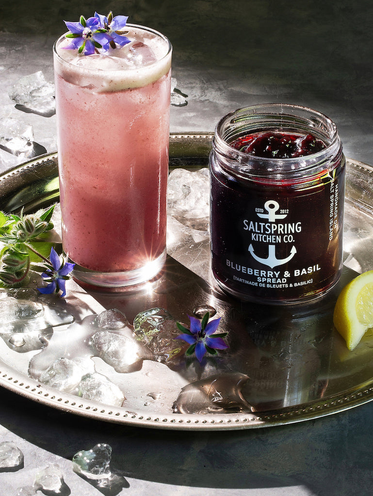 SaltSpring Kitchen Company Blueberry Gin Fizz on a tray with Blueberry and Basil Spread