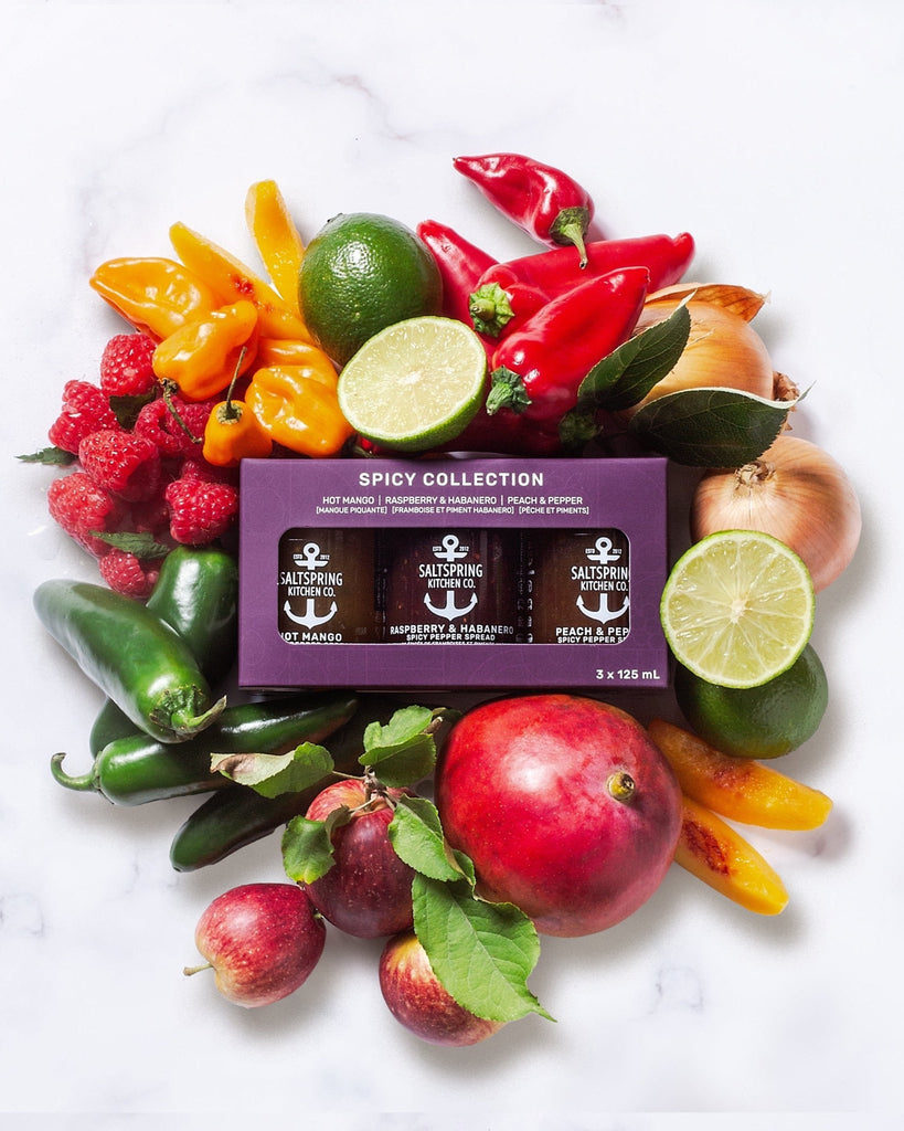 Salt Spring Kitchen Company Spicy Collection Trio Box in flat lay with ingredients